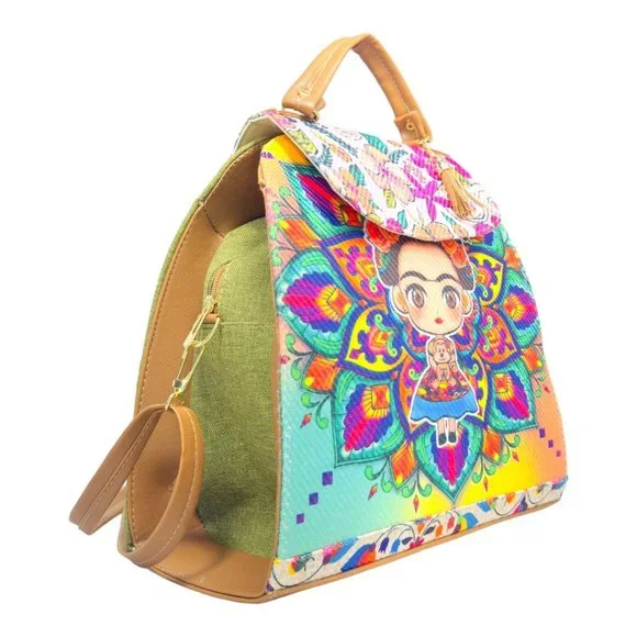 Artisan Made Frida Kahlo Canvas Faux Leather Tote Backpack From Coyoacan Mexico - Picture 10 of 14